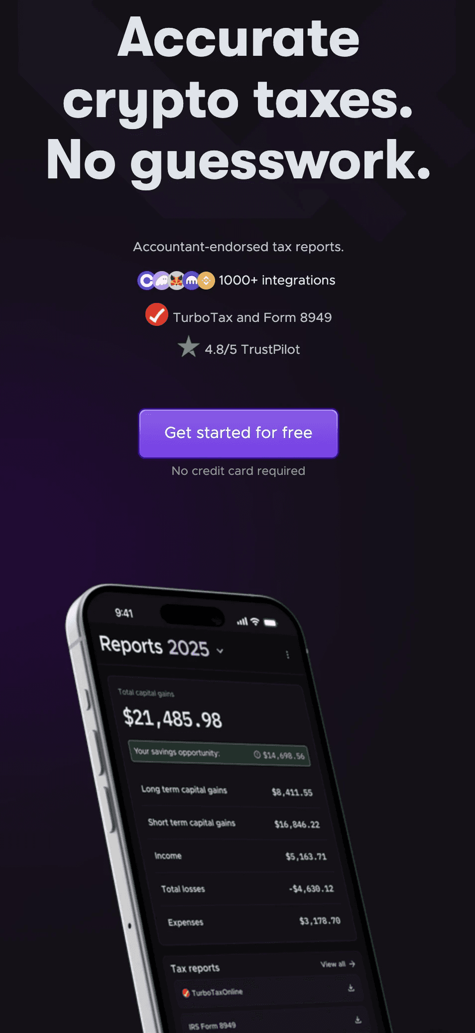 Uplifted mobile reports page showing total capital gains and tax reports