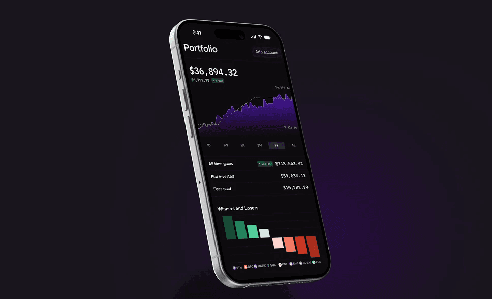 Mobile portfolio app screen with balance chart