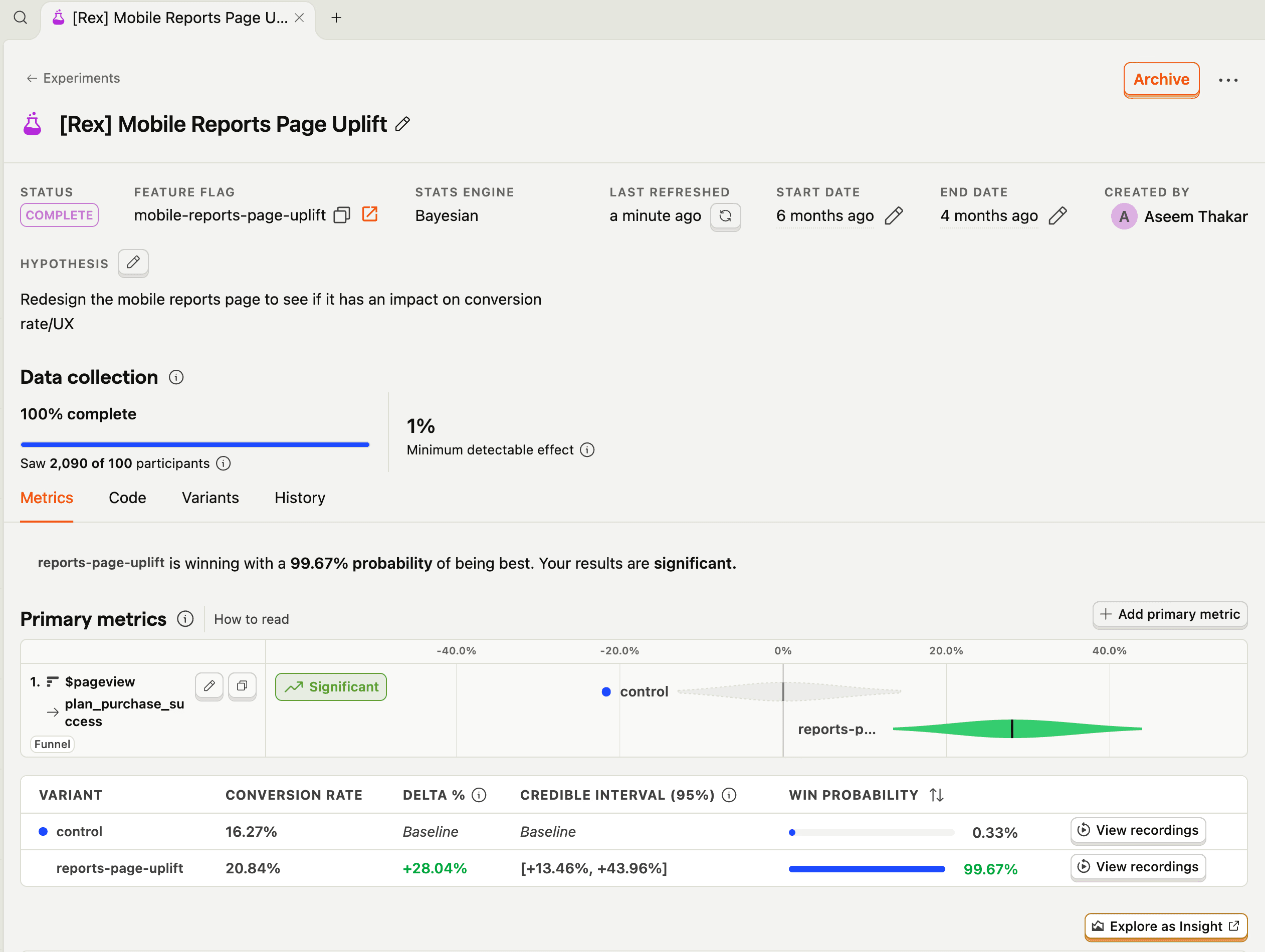 Mobile reports page uplift A/B test results dashboard
