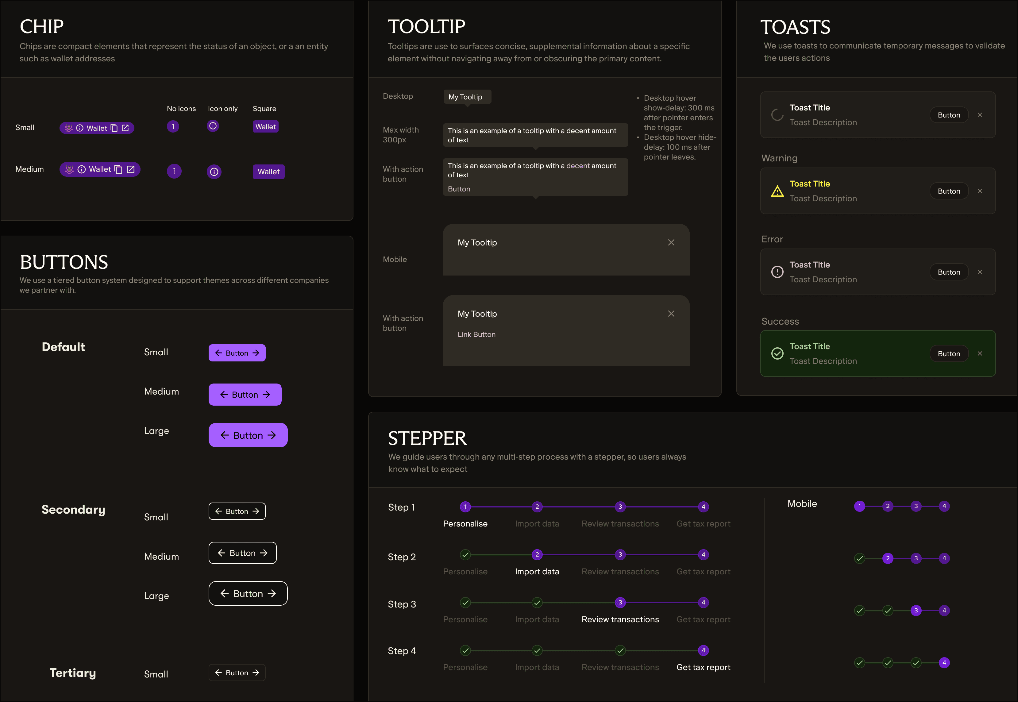 SUMM design system components: chips, tooltips, toasts, buttons, and steppers