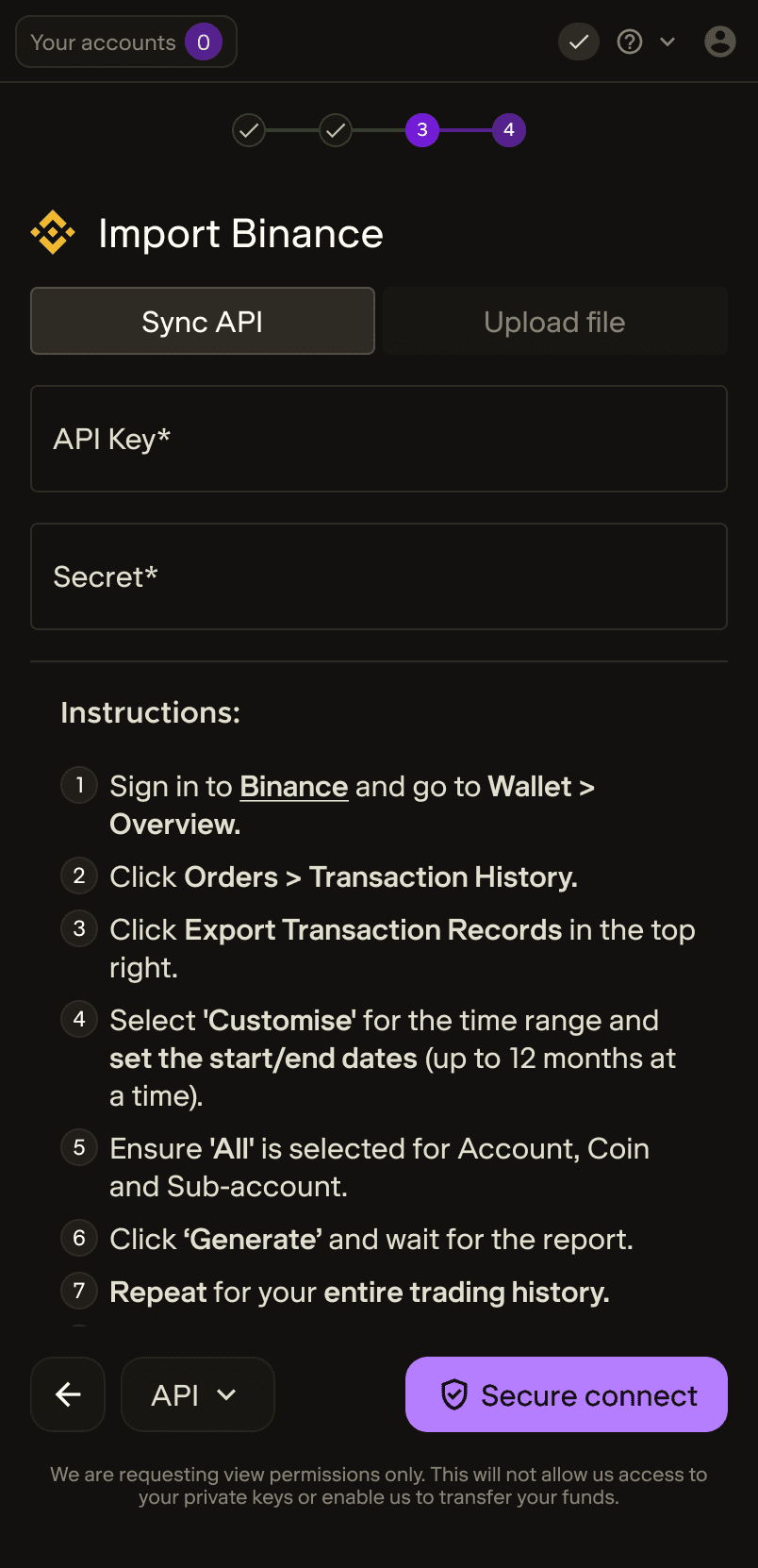 Import Binance screen with API sync instructions