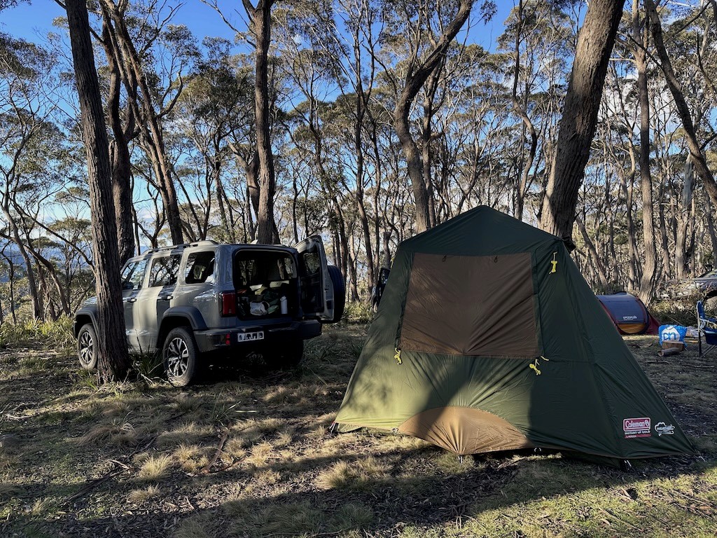 A green tent pitched next to a 4WD parked among tall trees at a bush campsite