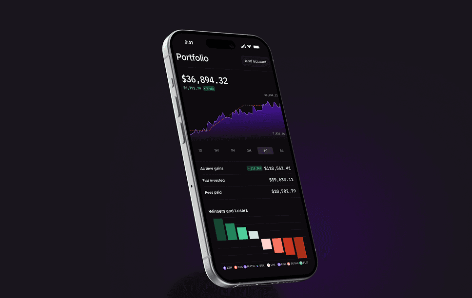 Mobile portfolio app screen with balance chart