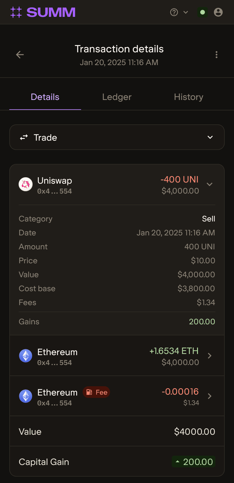 Transaction details sheet with trade breakdown