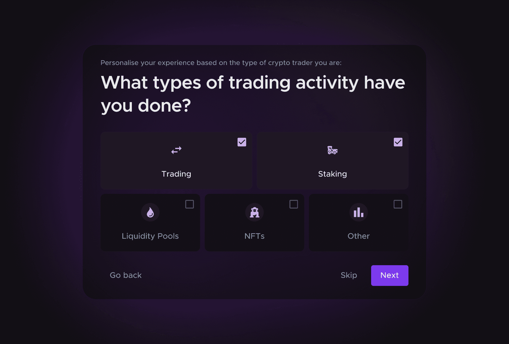 Onboarding question: what types of trading activity have you done?