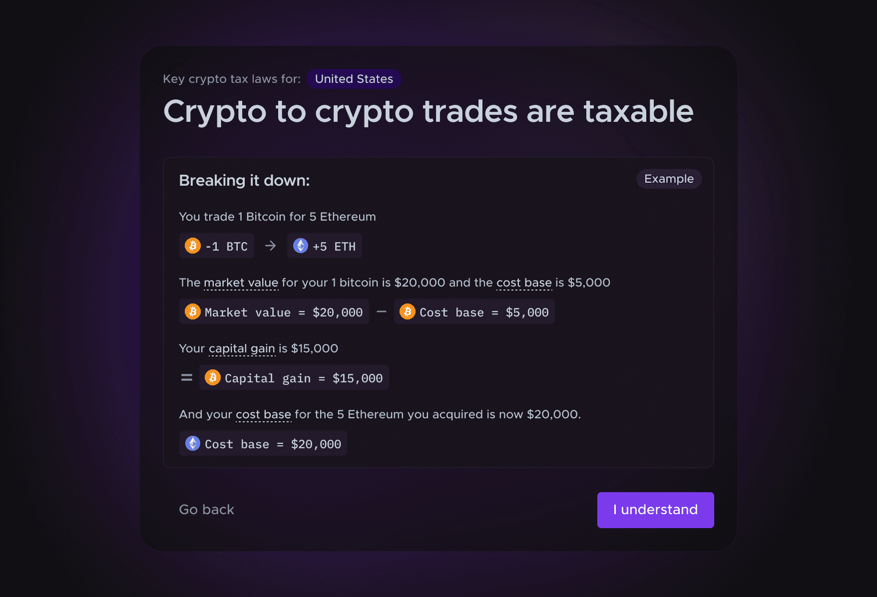 Educational onboarding screen: crypto to crypto trades are taxable